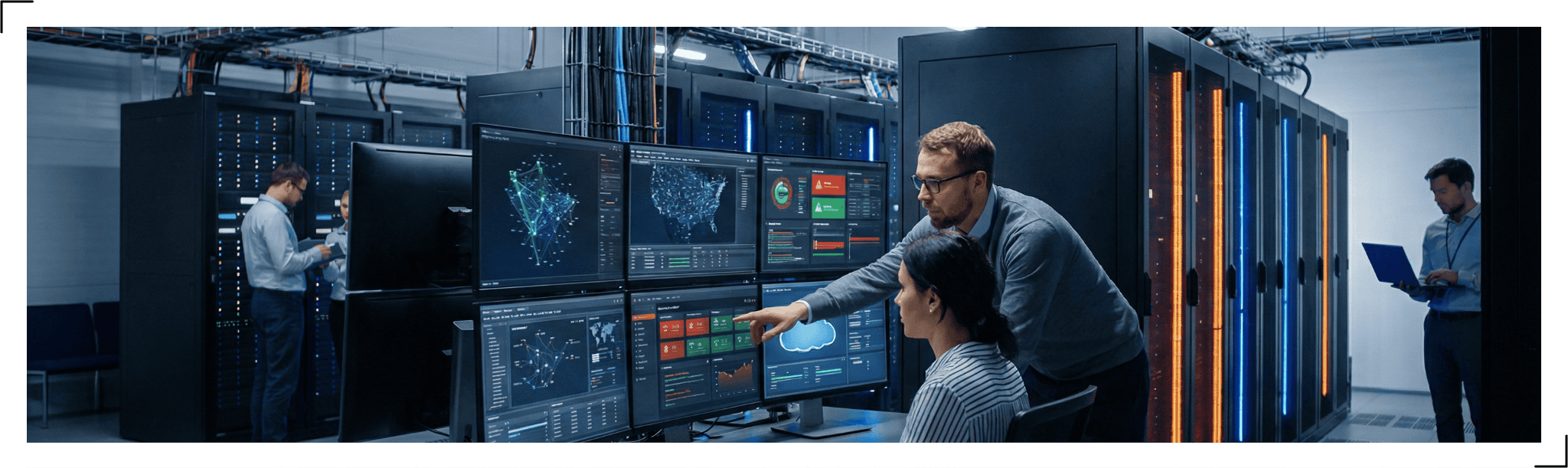Information Technology IT professionals collaborating in a modern data center with server racks, multiple monitors displaying network dashboards.