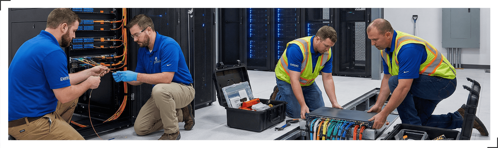 Skilled technicians installing network equipment and IT infrastructure in a modern facility with cable management, equipment racks, and professional workmanship.